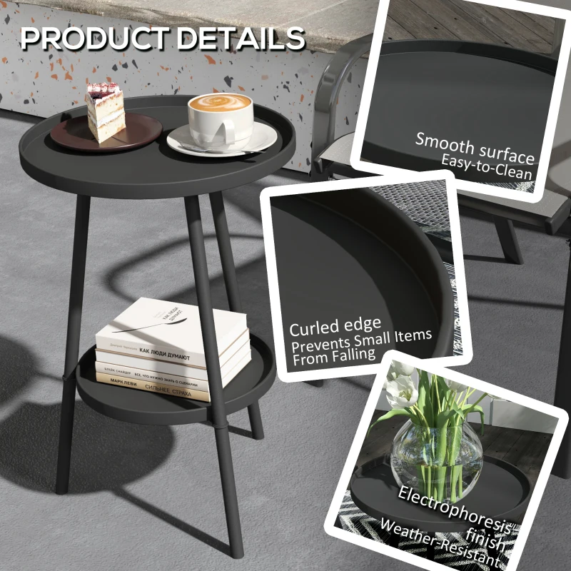 Outsunny Round Garden Table, 2-Tier Small Side Table, Metal Patio Table Coffee Table Dining Table, Black