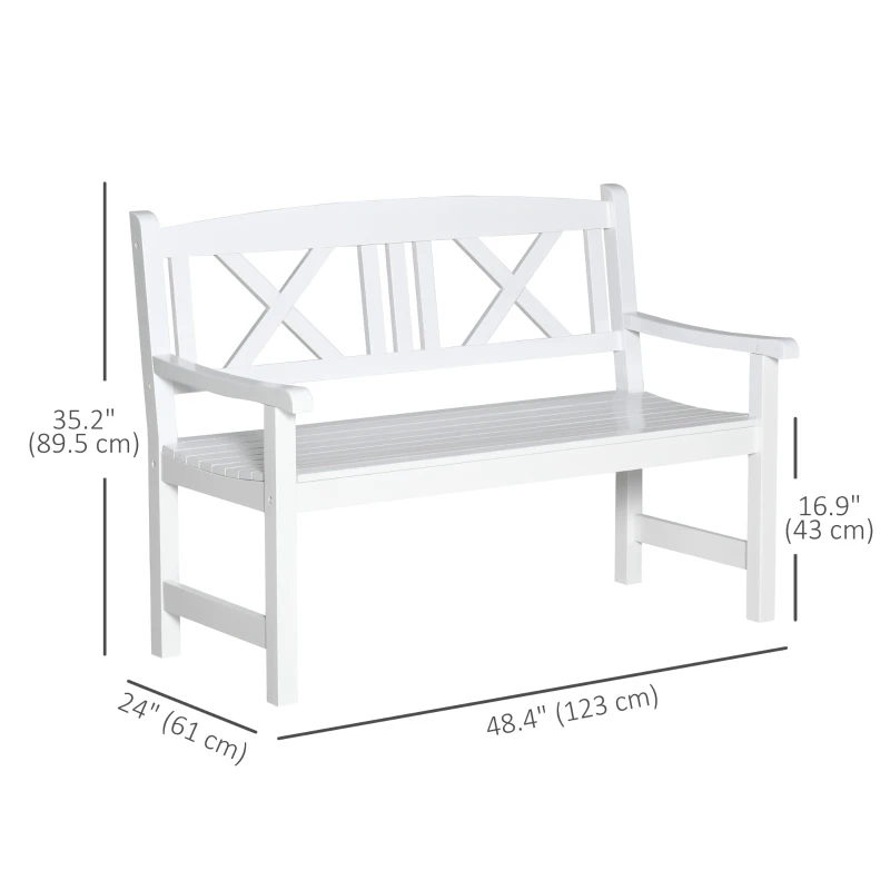 Outsunny 2-Seater Wooden Garden Bench, 4FT Outdoor Patio Loveseat with Unique X-Shape Back for Yard, Lawn, Porch, White