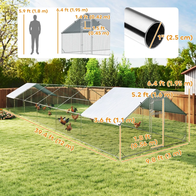 PawHut Metal Chicken Coop with Water- and UV-Protection Cover for Backyard Hen, Duck, Rabbit, 39.4' x 9.8' x 6.4'