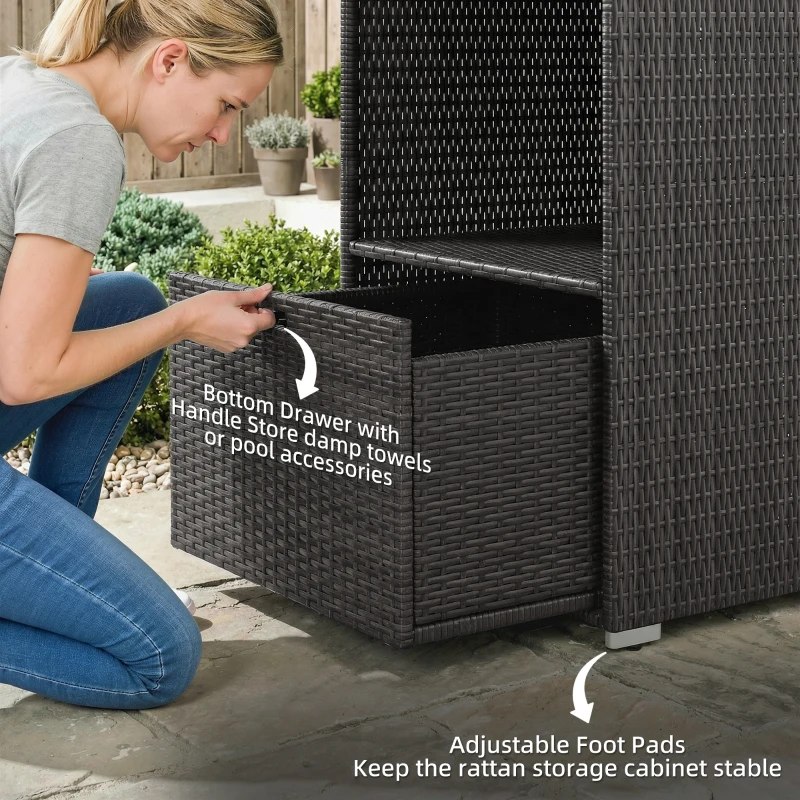 Outsunny Valet Pool Towel Rack, Water-Resistant PE Plastic Rattan Wicker Storage Organizer, 2 Shelves, 1 Basket Drawer