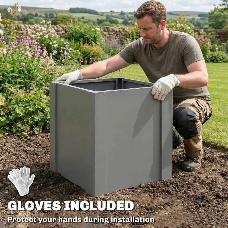 Outsunny Raised Garden Bed Galvanized Planter Box Outdoor with Gloves for Gardening Vegetables, Flower, Herb, 1.4 x 1.4 x 1.5 ft, Gray