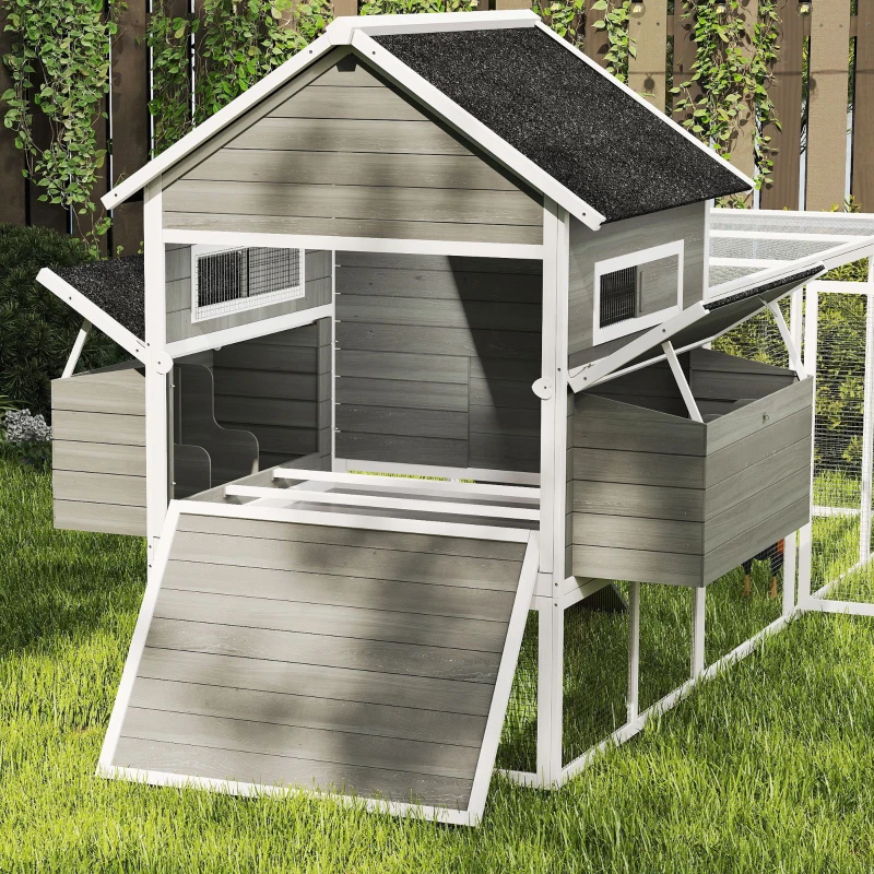 PawHut 137" Wooden Chicken Coop with Chicken Run, Nesting Box, Dark Grey