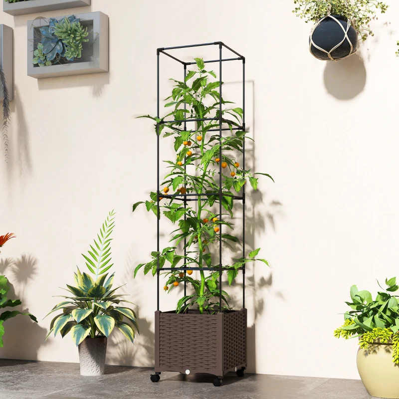 Outsunny Raised Garden Bed with Trellis, Tomato Cage with Lockable Wheels, Self Watering Planter Box with Drainage Holes, Brown