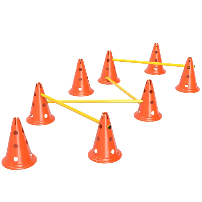 PawHut Dog Agility Hurdle Cone Set, Adjustable Obstacle Course Equipment with 8 Cones & 8 Poles, Carry Bag, Orange