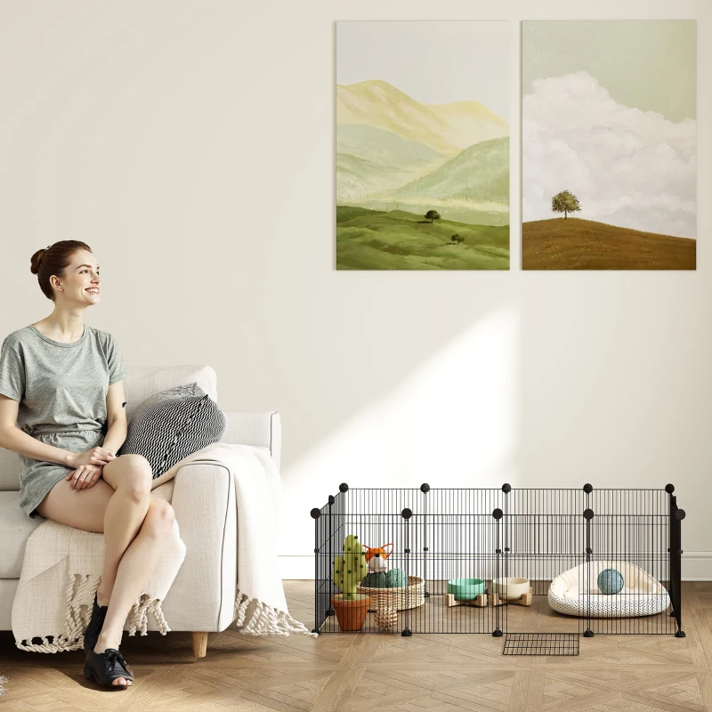 PawHut Small Animal Cage Waterproof Mat DIY Animal Playpen for Guinea Pigs Rabbits 12 Panels and Door Black