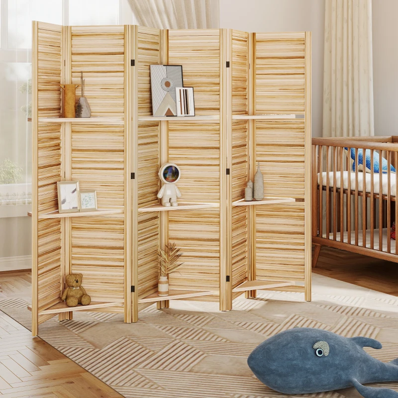 HOMCOM 6 Panel 67" Tall Wood Privacy Screen Room Divider with 3 Shelves and Folding Storage for Bedroom, Natural Wood