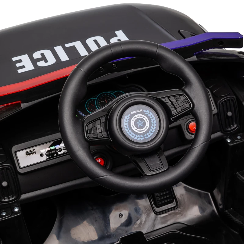 Qaba 12V Kids Electric Police Car w/ Remote Control, Spring Suspension, Transport Wheel, Siren, Music, Light, Horn, Black