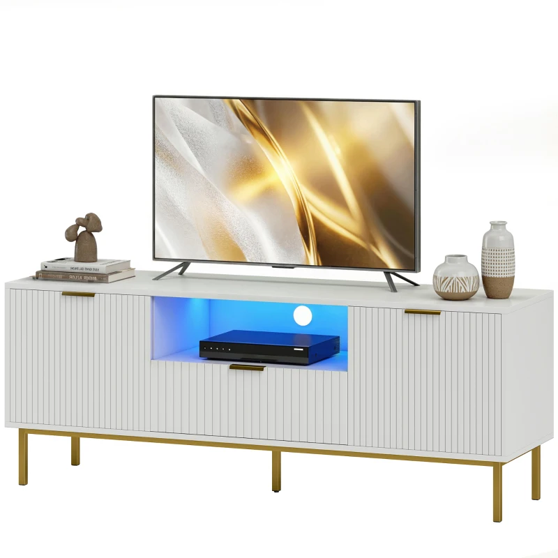 HOMCOM Modern TV Console for TVs up to 60 Inch, Entertainment Center with Smart RGB LED Lights and Soft Close Doors, White