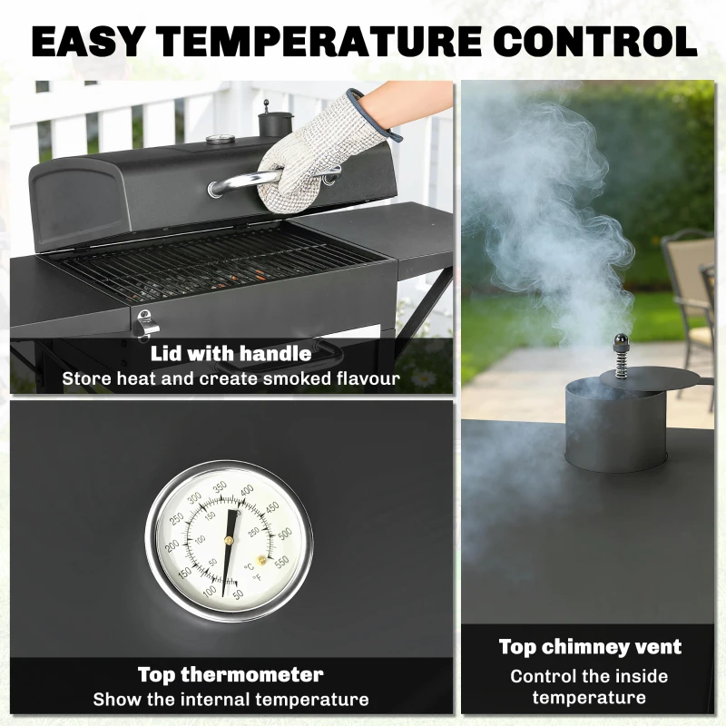 Outsunny Charcoal Grill with 2 Side Tables, Barbecue Grill with Thermometer and Warming Rack, Wheels, 43.3"x18.3"x39.8", Black