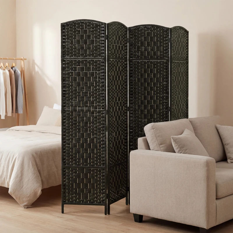 HOMCOM Room Divider, 4 Panel Folding Privacy Screen, 70.9" Tall Portable Weave Partition Wall Divider for Bedroom, Coffee
