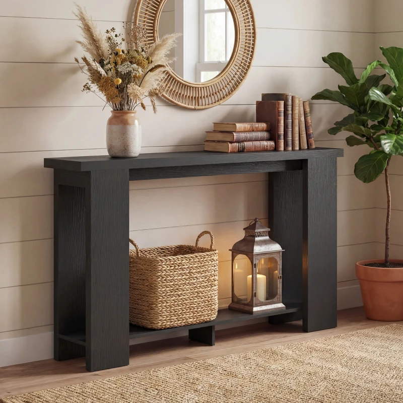 HOMCOM Farmhouse Console Table, 63" Narrow Entryway Table with Thickened Tabletop for Living Room, Hallway, Distressed Black