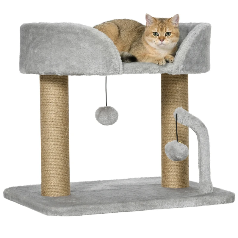 PawHut Cat Tower Condo for Indoor Cats, Small Cat Tree with Jute Scratching Posts, Top Perch, Dangling Balls, Light Grey
