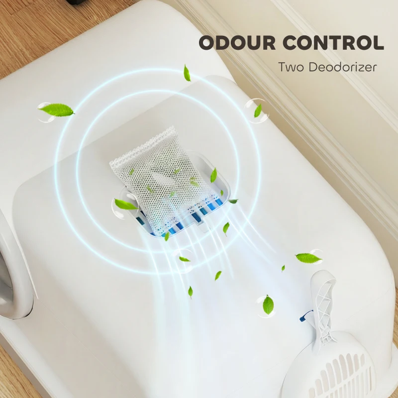 PawHut Cat Litter Box Easy Clean Drawer Odor Control Hooded Cat Litter Tray with Scoop White and Grey