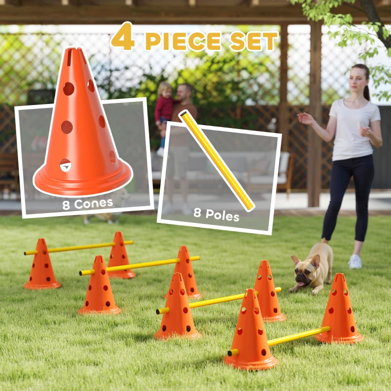 PawHut Dog Agility Hurdle Cone Set, Adjustable Obstacle Course Equipment with 8 Cones & 8 Poles, Carry Bag, Orange