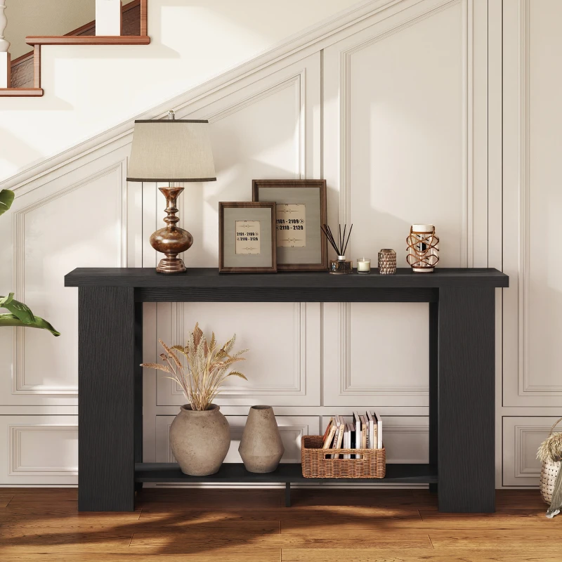 HOMCOM Farmhouse Console Table, 63" Narrow Entryway Table with Thickened Tabletop for Living Room, Hallway, Distressed Black