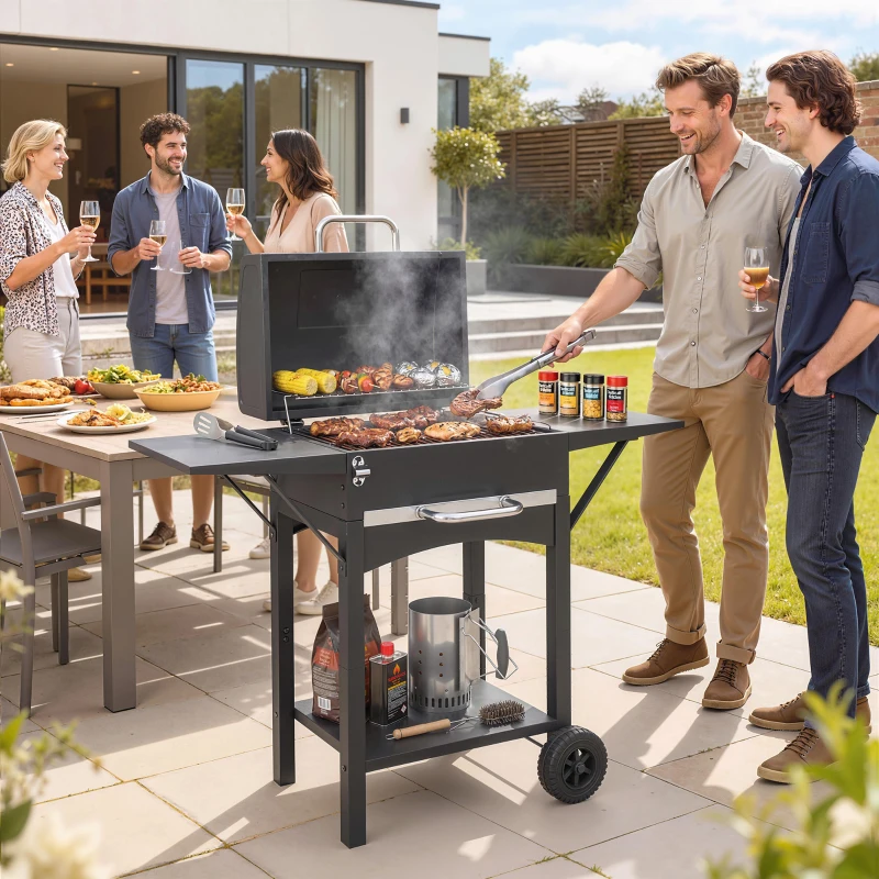 Outsunny Charcoal Grill with 2 Side Tables, Barbecue Grill with Thermometer and Warming Rack, Wheels, 43.3"x18.3"x39.8", Black