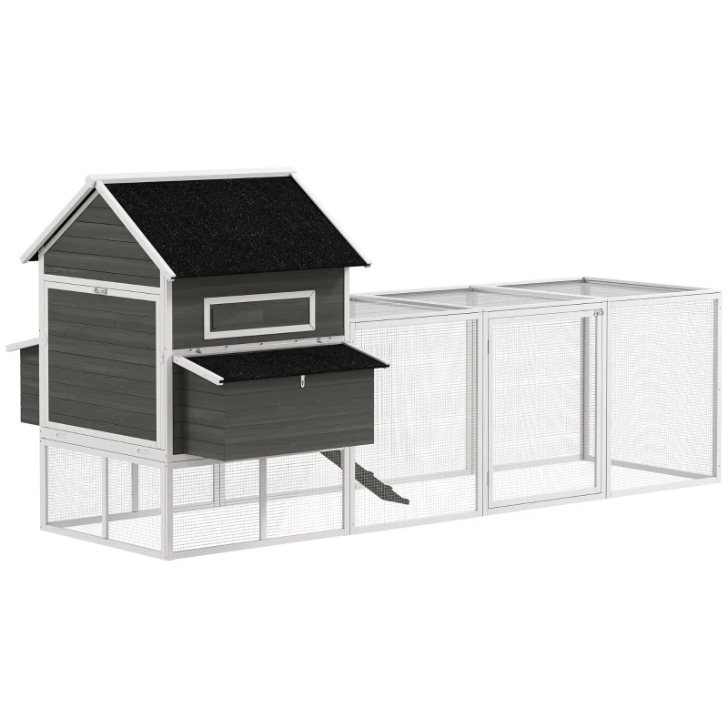 PawHut 137" Wooden Chicken Coop with Chicken Run, Nesting Box, Dark Grey