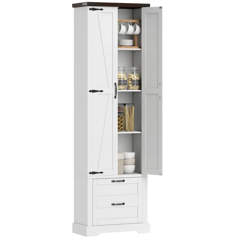 HOMCOM 71" Tall Kitchen Pantry Cabinet, Farmhouse Kitchen Storage Cabinet with 2 Drawer and Adjustable Shelves, White