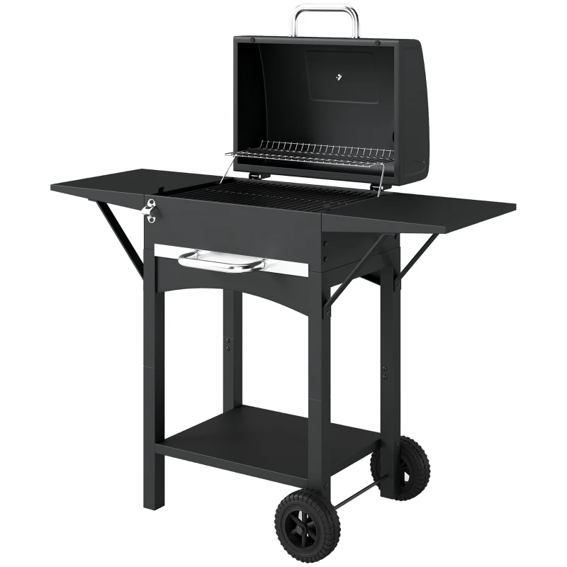 Outsunny Charcoal Grill with 2 Side Tables, Barbecue Grill with Thermometer and Warming Rack, Wheels, 43.3"x18.3"x39.8", Black
