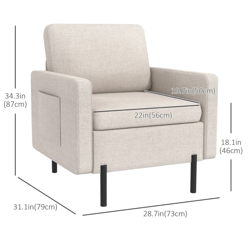 HOMCOM Armchair, Fabric Accent Chair, Modern Living Room Chair with Metal Legs, 2 Side Pockets for Bedroom, Cream