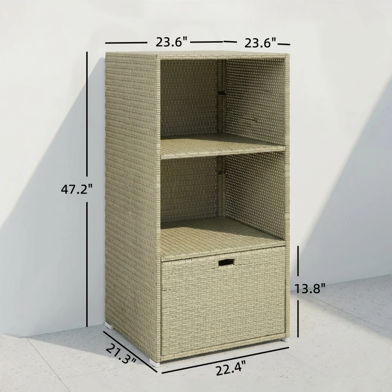 Outsunny Valet Pool Towel Rack, Water-Resistant PE Plastic Rattan Wicker Storage Organizer, 2 Shelves, 1 Basket Drawer