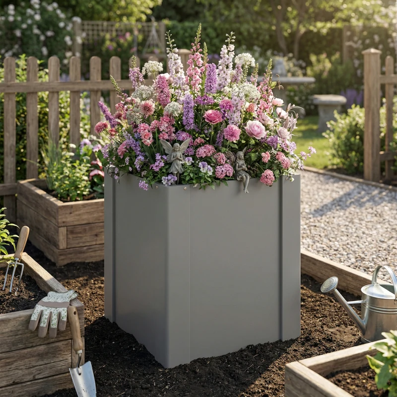 Outsunny Raised Garden Bed Galvanized Planter Box Outdoor with Gloves for Gardening Vegetables, Flower, Herb, 1.4 x 1.4 x 1.5 ft, Gray