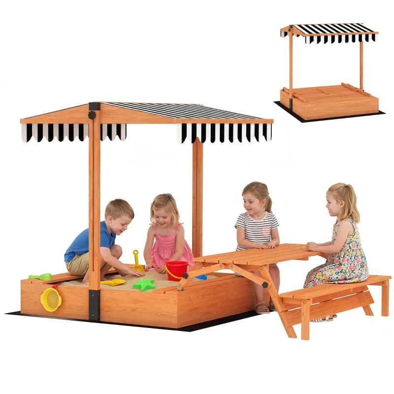 Qaba Kids Sandbox with Lid, Wooden Sand Pit with Canopy, Foldable Picnic Table, Bench Seats, Bottom Liner, Cover, Brown