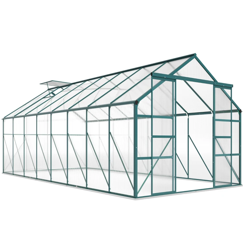 Outsunny 16' x 8' Aluminum Polycarbonate Greenhouse Walk-in Garden Greenhouse Kit with Adjustable Roof Vent, Rain Gutter and Sliding Door for Winter, Green