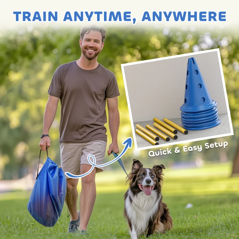PawHut Dog Agility Hurdle Cone Set, Adjustable Obstacle Course Equipment with 6 Cones & 6 Poles, Carry Bag, Blue
