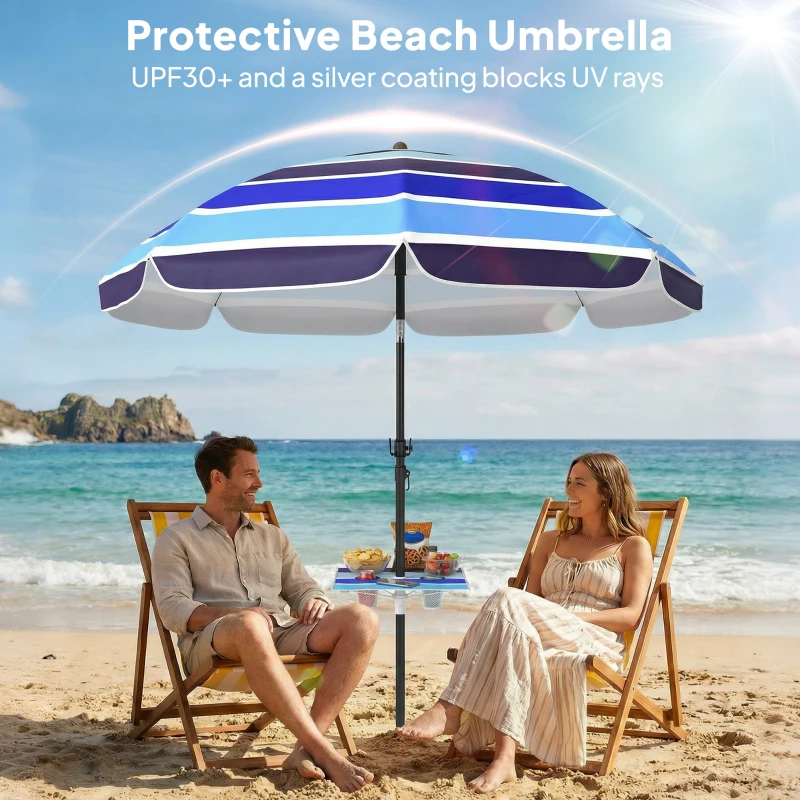 Outsunny Beach Umbrella Adjustable Tilt Sunshade with Foldable Table Cup Holder 78" Multicolor
