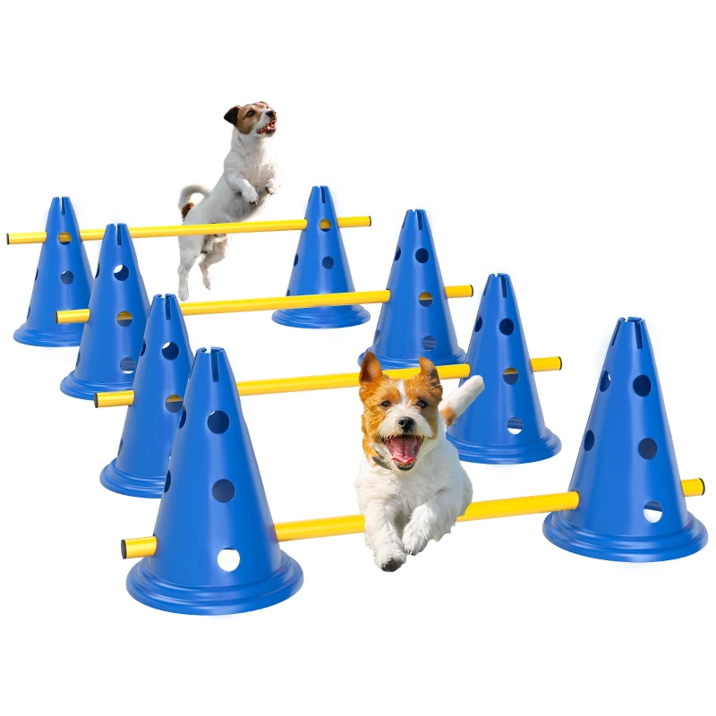 PawHut Dog Agility Hurdle Cone Set, Adjustable Obstacle Course Equipment with 8 Cones & 8 Poles, Carry Bag, Blue