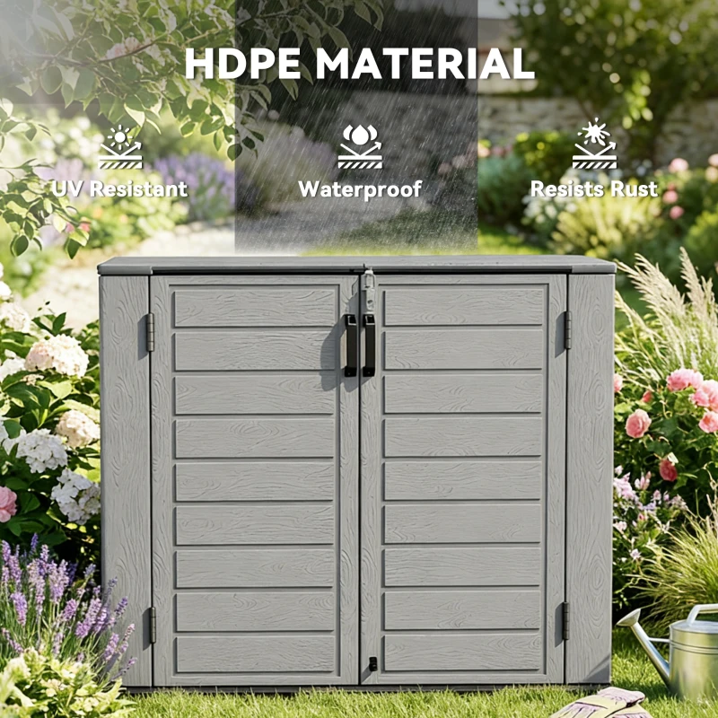 Outsunny 33 Cu.ft Plastic Outdoor Storage Shed, Storage Cabinet Tool Box with Lockable Double Doors and Flip-Top Lid Light Grey