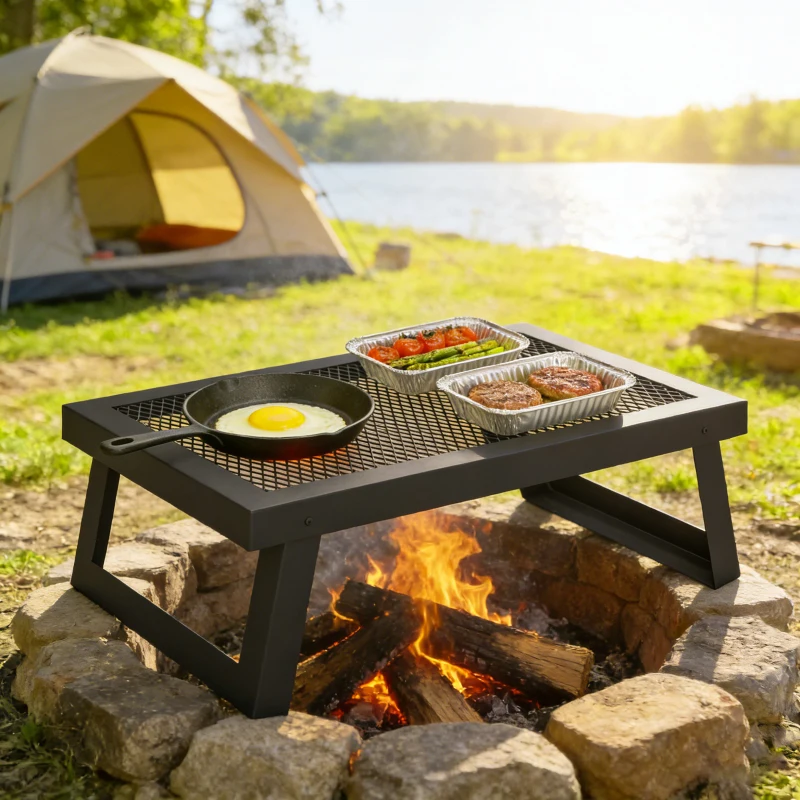 Outsunny Folding Campfire Grill, 22" x 12" Heavy Duty Carbon Steel Grill Grate with Folding Legs, Black
