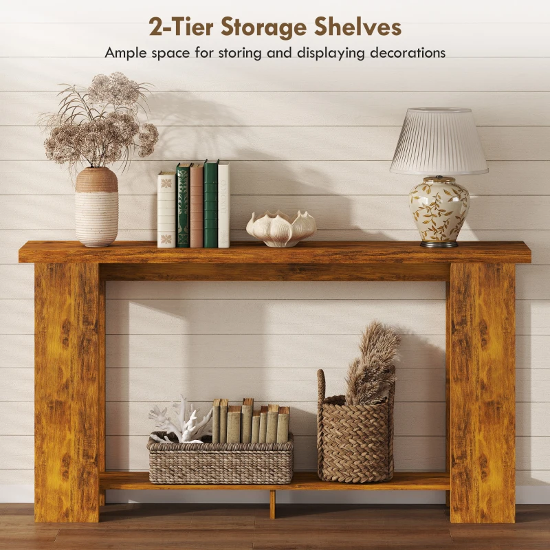 HOMCOM Farmhouse Console Table, 63" Narrow Entryway Table with Thickened Tabletop for Living Room, Hallway, Distressed Brown