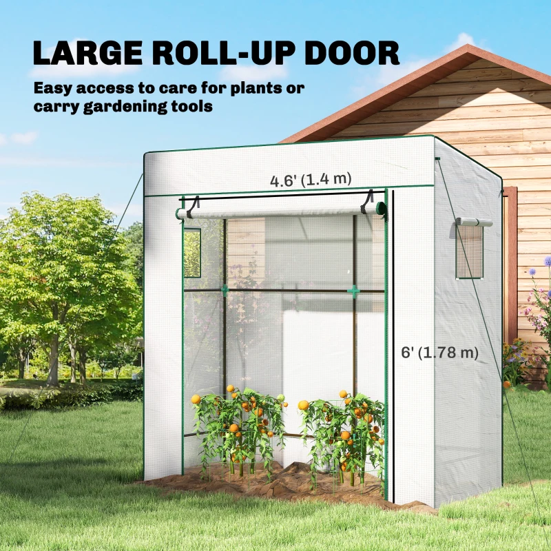 Outsunny Walk-in Tomato Greenhouse Lean-to Green House with Reinforced PE Cover, Roll-up Door, Mesh Windows, White