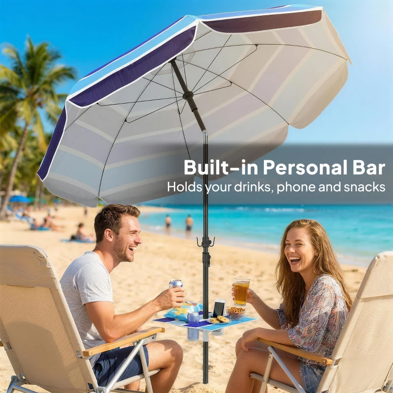 Outsunny Beach Umbrella Adjustable Tilt Sunshade with Foldable Table Cup Holder 78" Multicolor