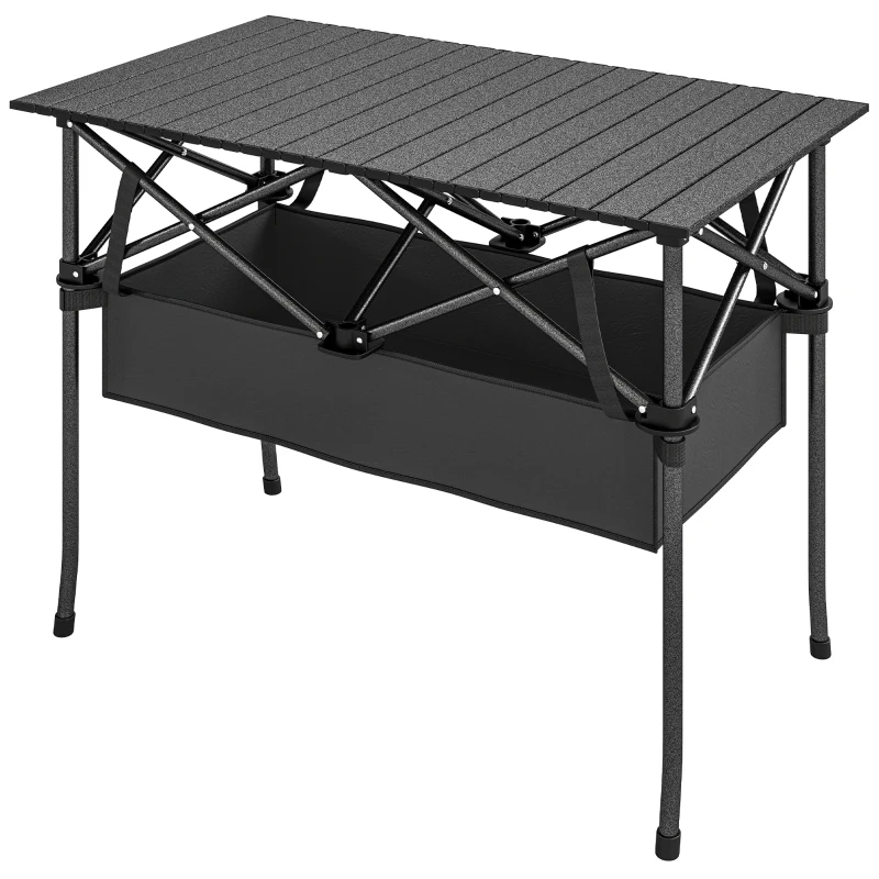Outsunny 3ft Folding Camping Table, Picnic Table with Mesh Storage Net, Carrying Bag and Metal Frame, Black