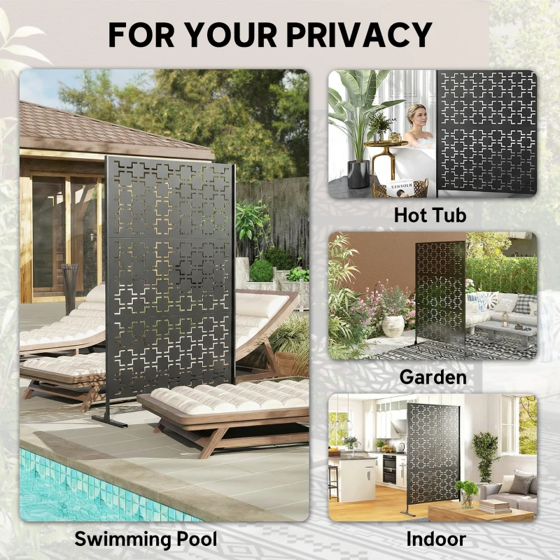 Outsunny 6.5FT Decorative Outdoor Divider, Metal Privacy Screen with Stand, Grid Style, Black
