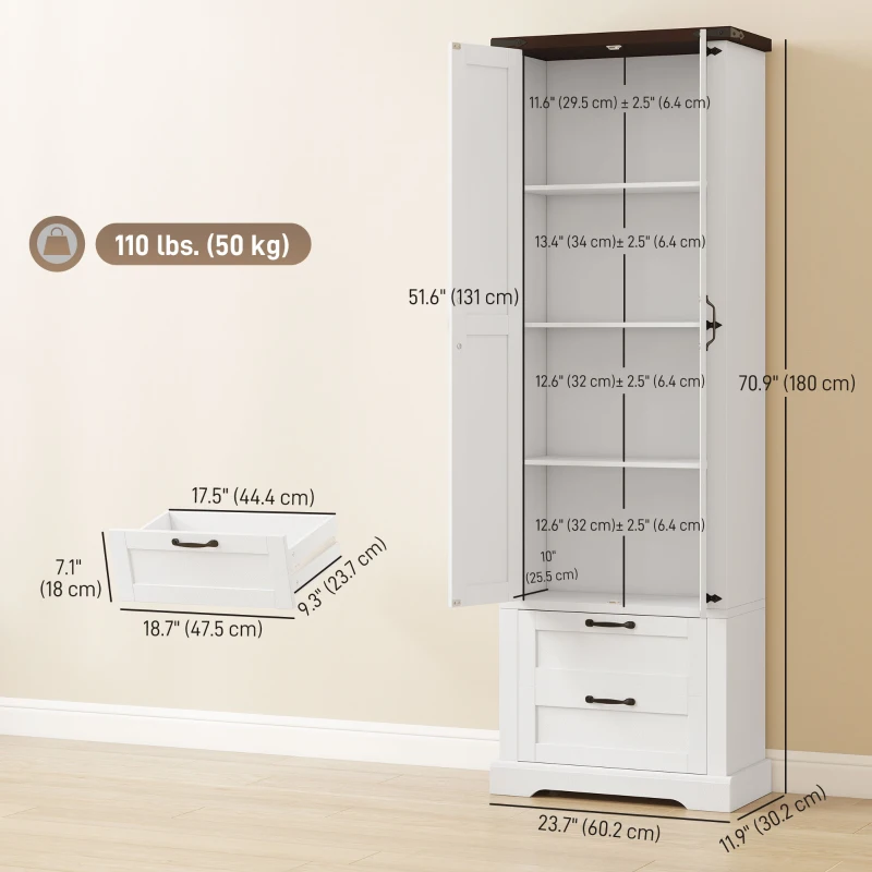 HOMCOM 71" Tall Kitchen Pantry Cabinet, Farmhouse Kitchen Storage Cabinet with 2 Drawer and Adjustable Shelves, White