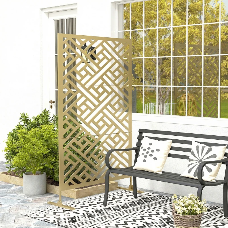 Outsunny Metal Outdoor Privacy Screen, Freestanding Outdoor Divider with Stand, 79" x 47", Gold