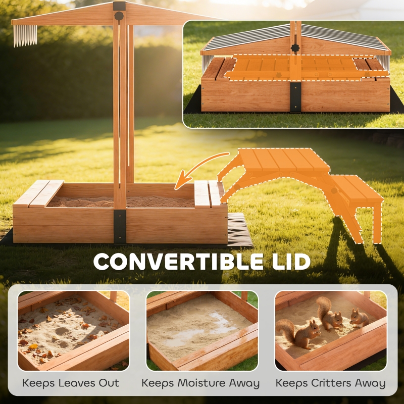 Qaba Kids Sandbox with Lid, Wooden Sand Pit with Canopy, Foldable Picnic Table, Bench Seats, Bottom Liner, Cover, Brown