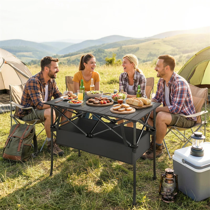 Outsunny 3ft Folding Camping Table, Picnic Table with Mesh Storage Net, Carrying Bag and Metal Frame, Black