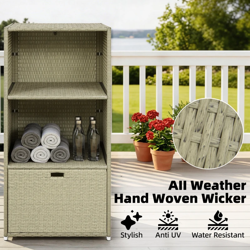 Outsunny Valet Pool Towel Rack, Water-Resistant PE Plastic Rattan Wicker Storage Organizer, 2 Shelves, 1 Basket Drawer