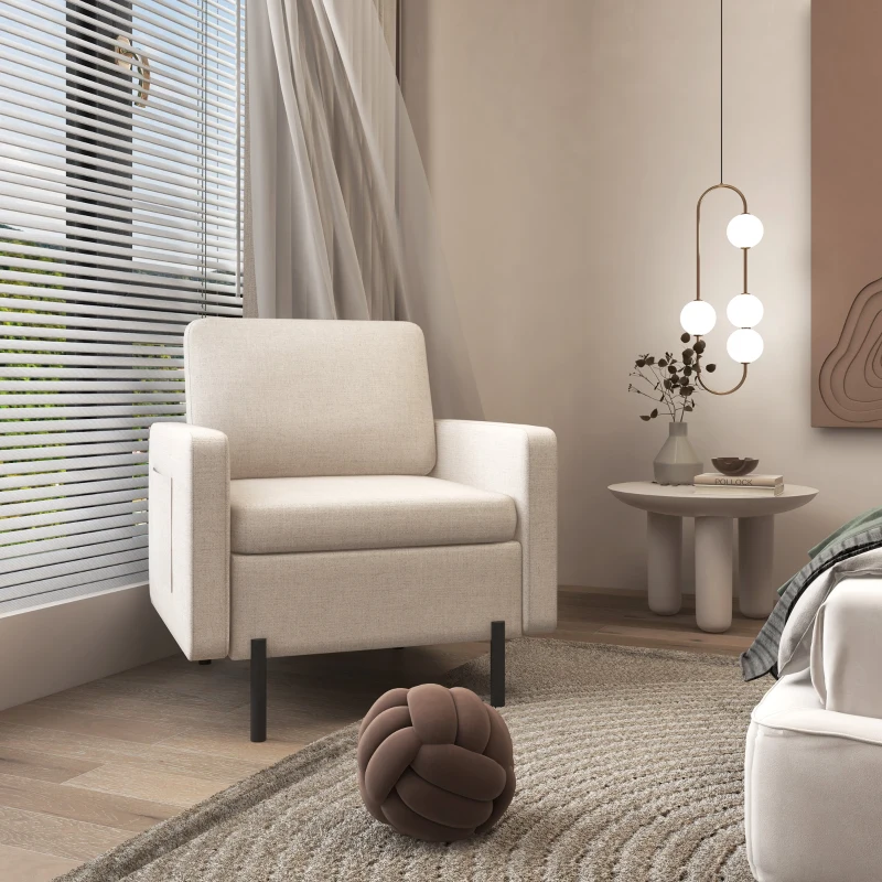 HOMCOM Armchair, Fabric Accent Chair, Modern Living Room Chair with Metal Legs, 2 Side Pockets for Bedroom, Cream