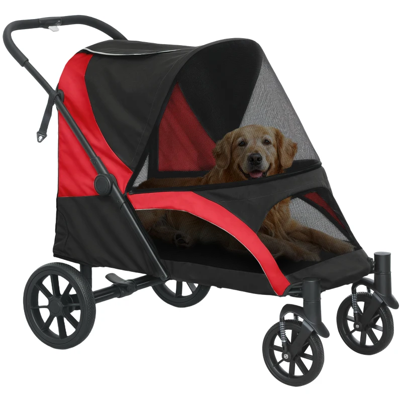 PawHut Foldable Pet Stroller for Large Dogs with Four Big Wheels, Shock-Absorbing Frame, Safety Leashes, Brakes, Black