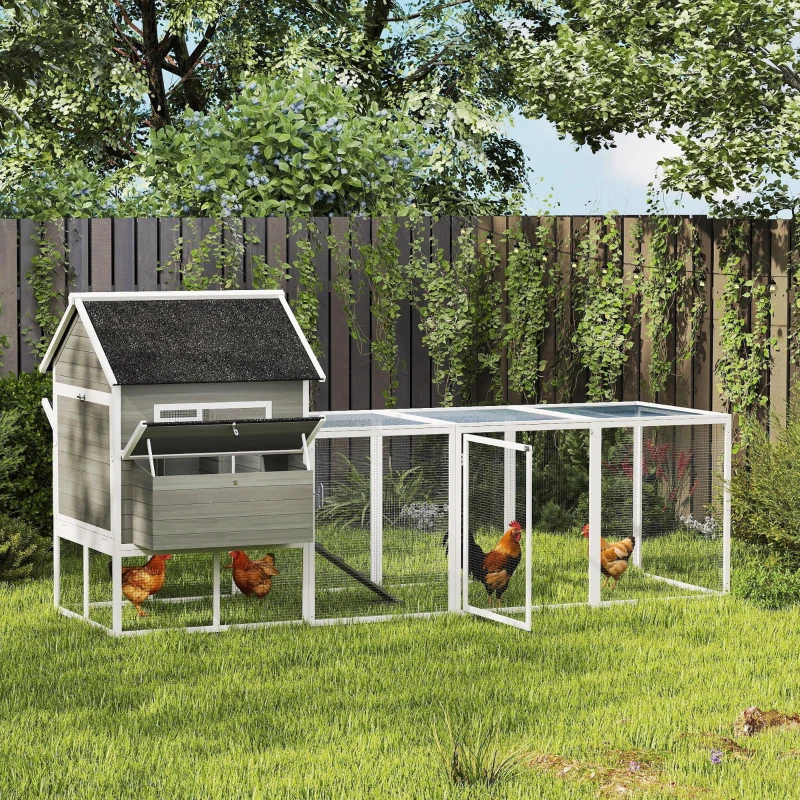 PawHut 137" Wooden Chicken Coop with Chicken Run, Nesting Box, Dark Grey