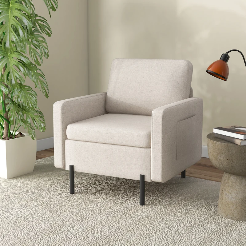 HOMCOM Armchair, Fabric Accent Chair, Modern Living Room Chair with Metal Legs, 2 Side Pockets for Bedroom, Cream