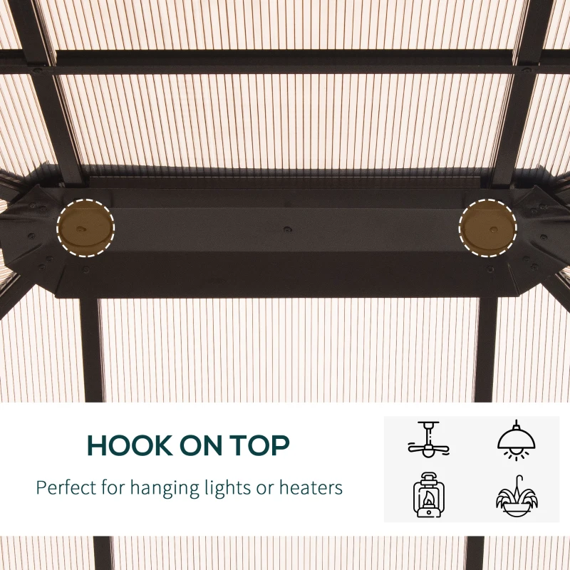 Outsunny 10' x 12' Hardtop Gazebo Canopy with Polycarbonate Roof, Aluminum Frame, Netting, Curtains and Ceiling Hook, Brown