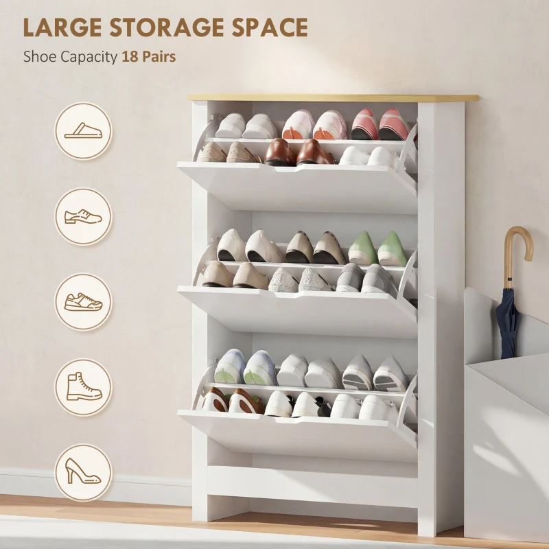 HOMCOM Shoe Storage Cabinet with 3 Flip Drawers and Adjustable Shelves for 9-18 Pairs of Shoes, White