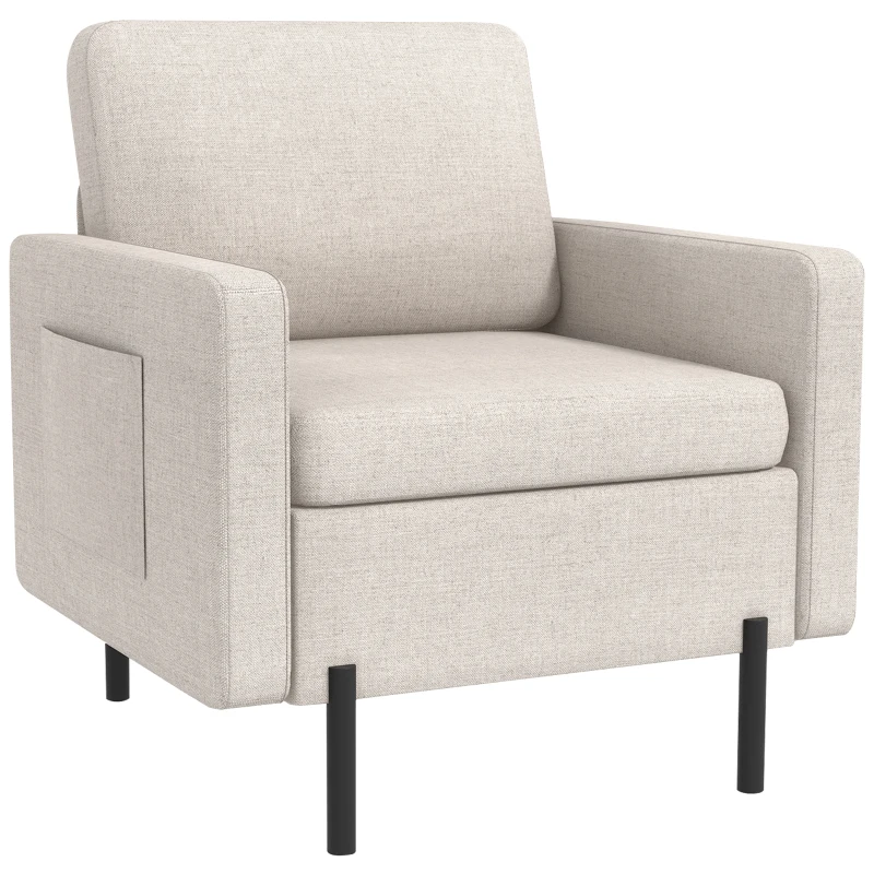 HOMCOM Armchair, Fabric Accent Chair, Modern Living Room Chair with Metal Legs, 2 Side Pockets for Bedroom, Cream